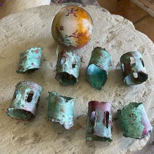 Mid-Century Brutalist Brass & Verdigris Patina Napkin Rings – Set of 8